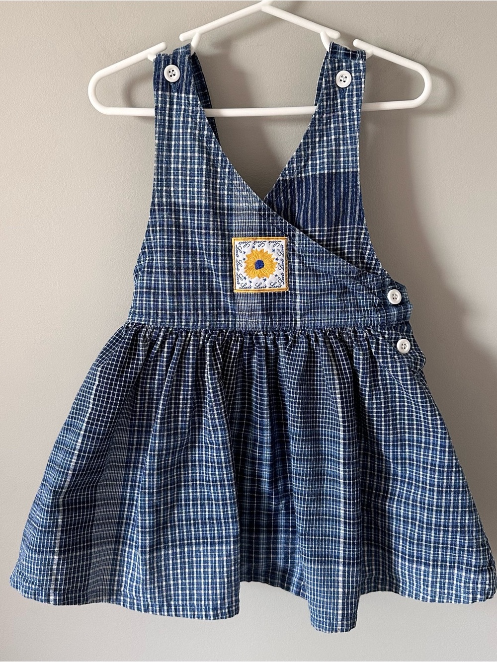 Vintage 90s Little Levis Girls Denim Jumper Sun Dress Sunflower Patch USA Size 3